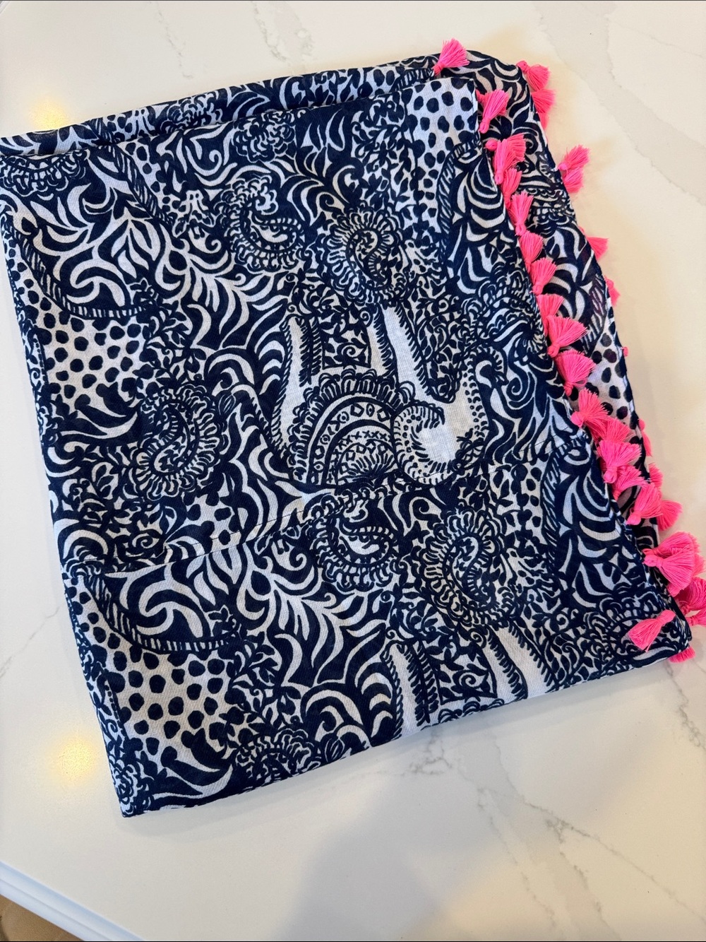 Lilly Pulitzer Women’s Navy and White Infinity Scarf with Pink Tassel Trim